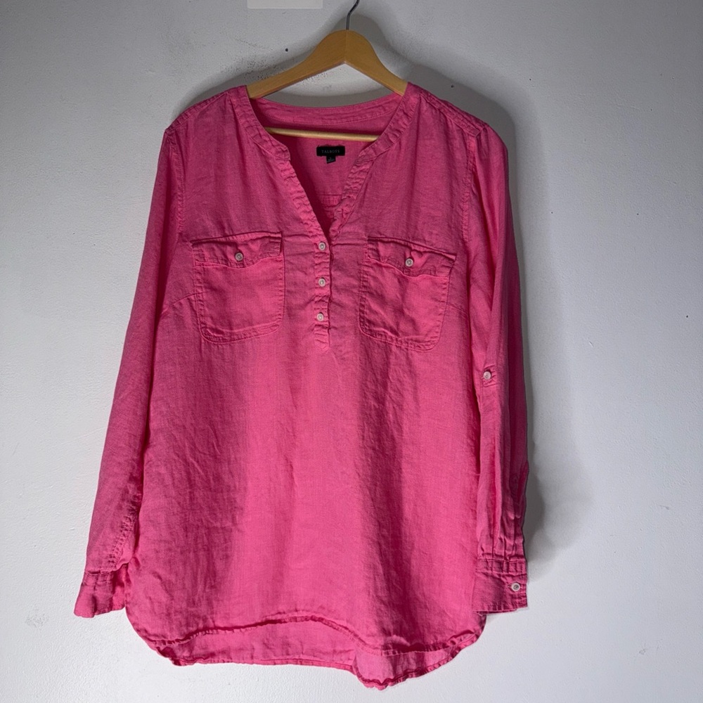 Talbots Pink Linen Tunic Top‎ 1/4 Button Down Large